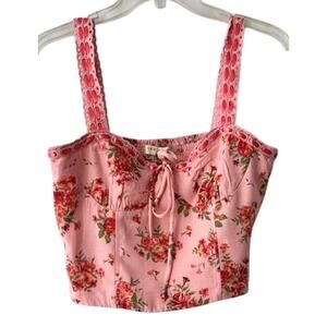 Thirty Thirty LA Pink Floral Smocked Crop Top Lace Strap Corset Style NWT L